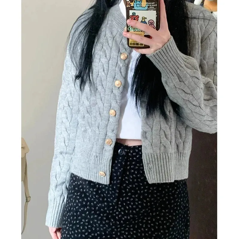 Women Fashion Cardigan Knitted Sweater New Long Sleeve Gray Buttons Short Coat Ladies Elegant O Neck Korean Style Casual Clothes