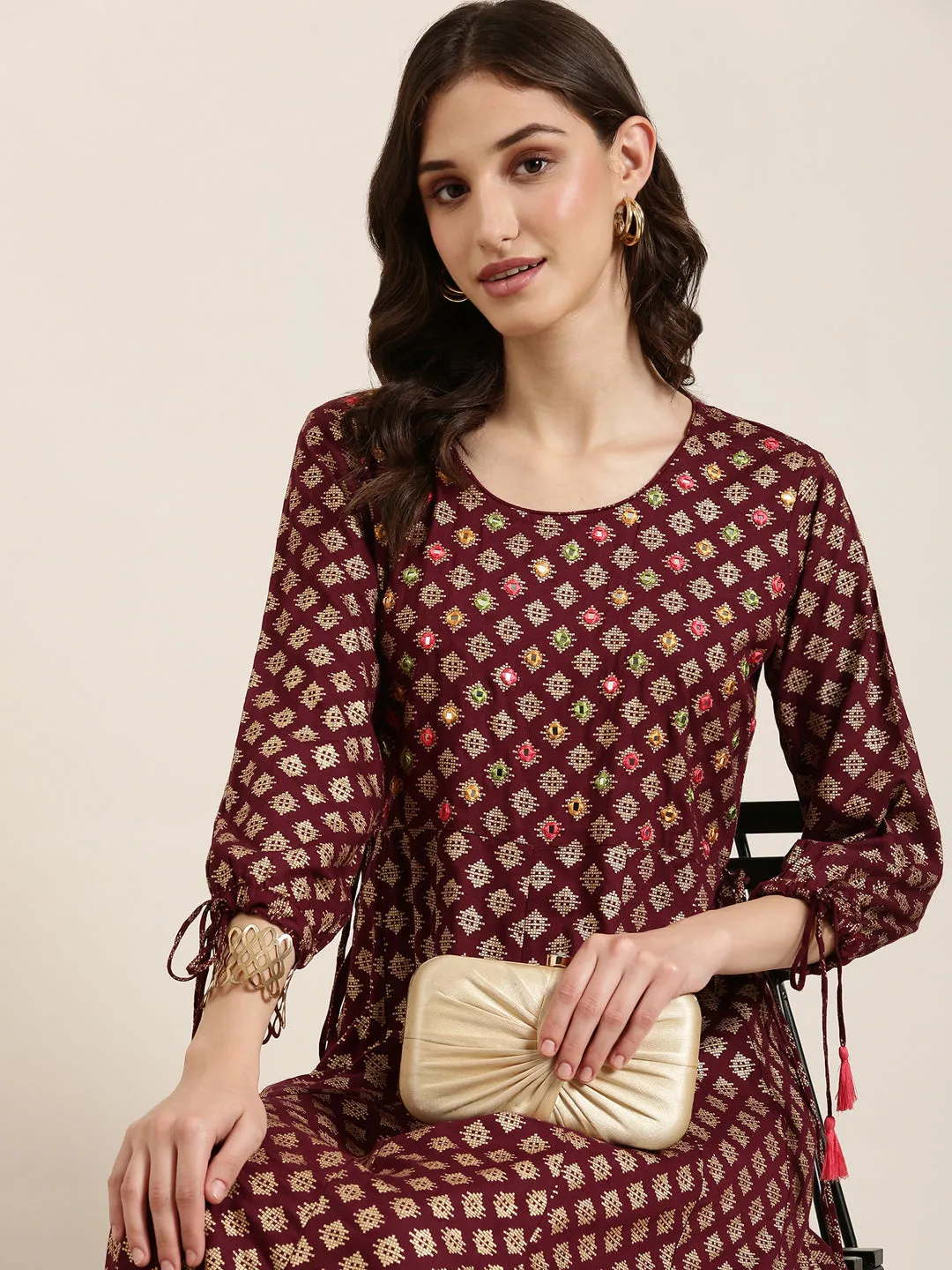 Women Maroon Geometrical Anarkali Kurta