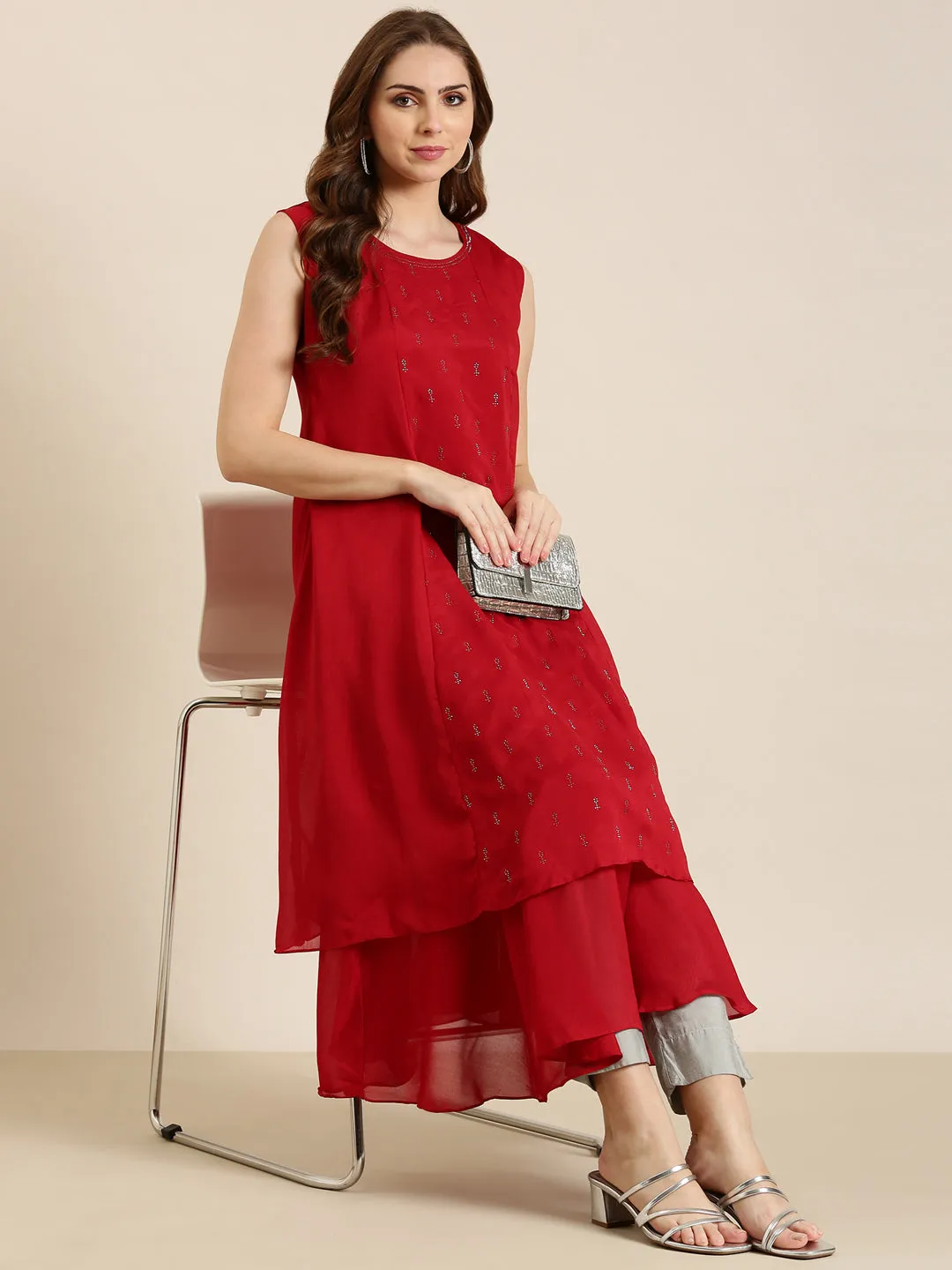 Women Red Solid A-Line Kurta