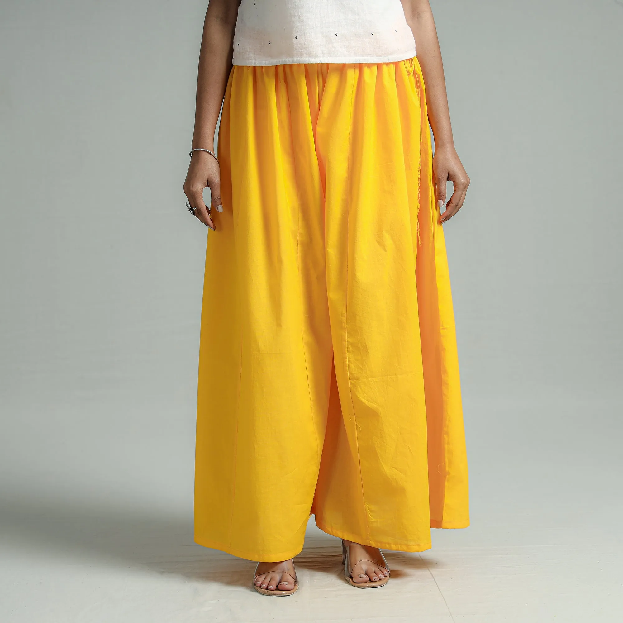 Yellow - Plain Dyed Cotton Flared Palazzo