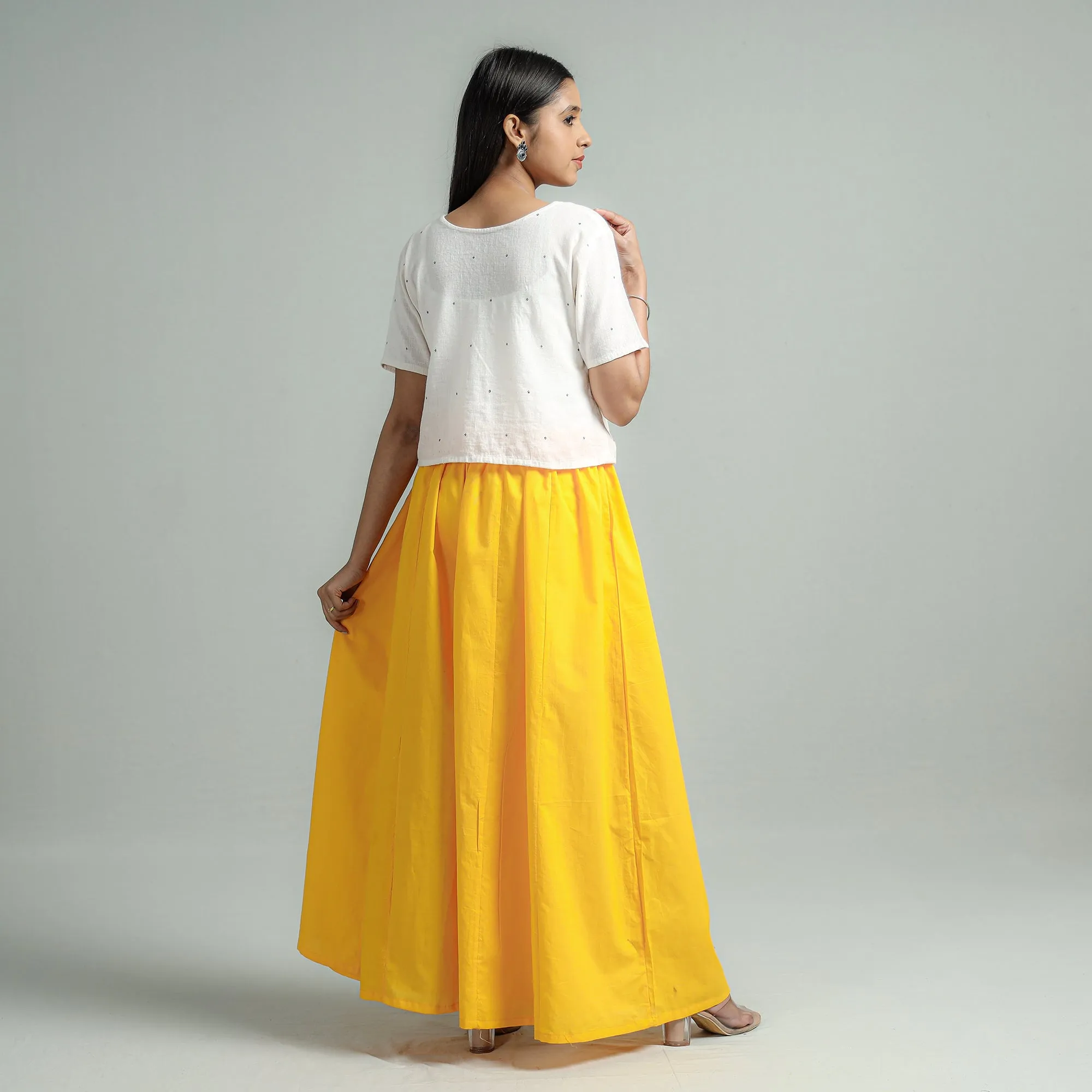 Yellow - Plain Dyed Cotton Flared Palazzo