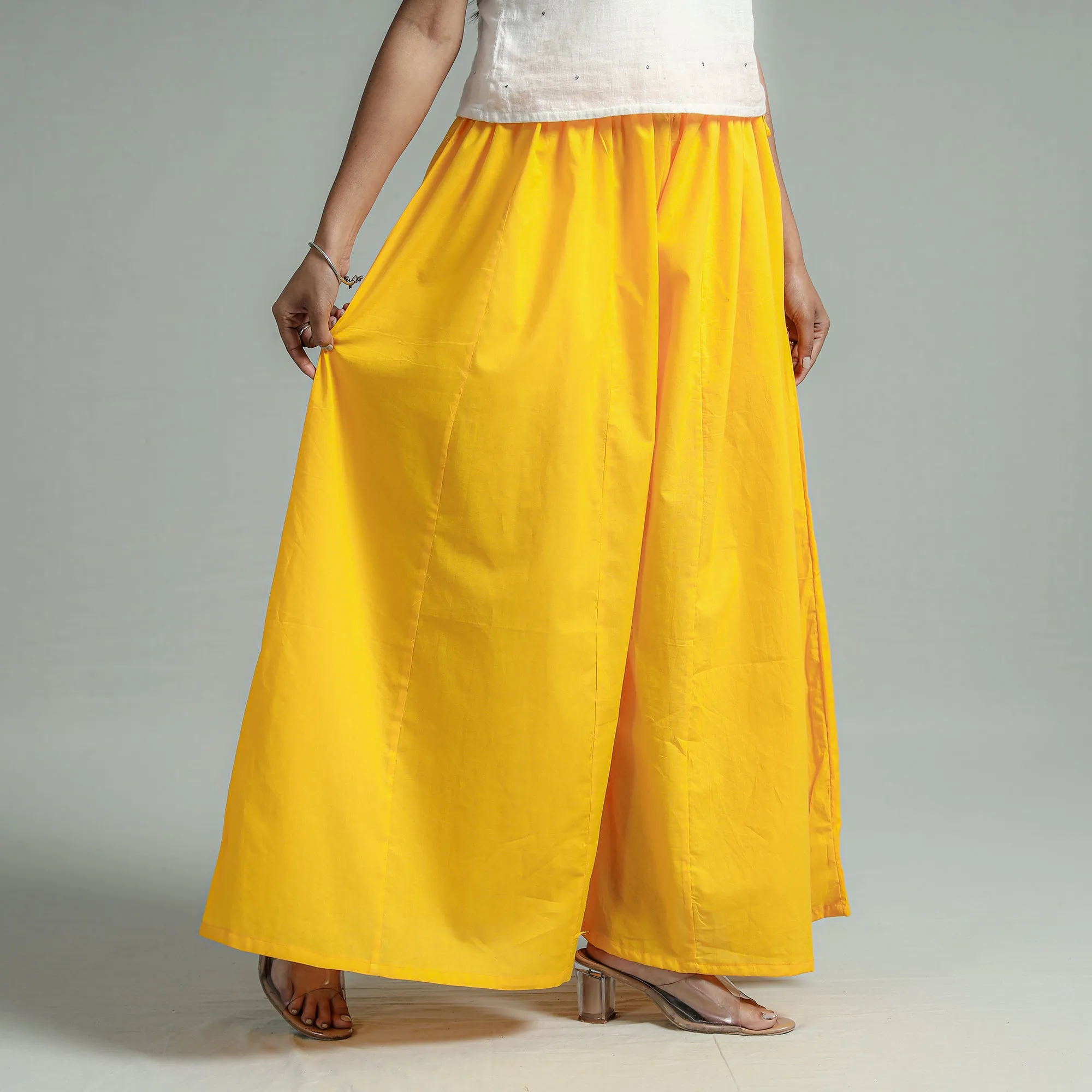 Yellow - Plain Dyed Cotton Flared Palazzo