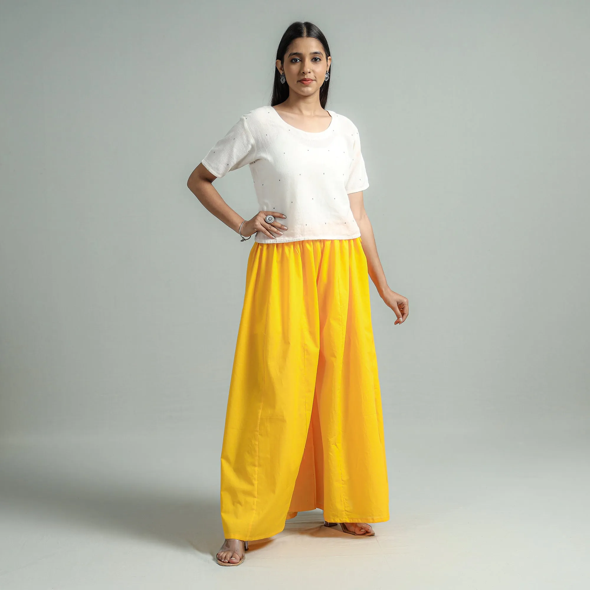 Yellow - Plain Dyed Cotton Flared Palazzo