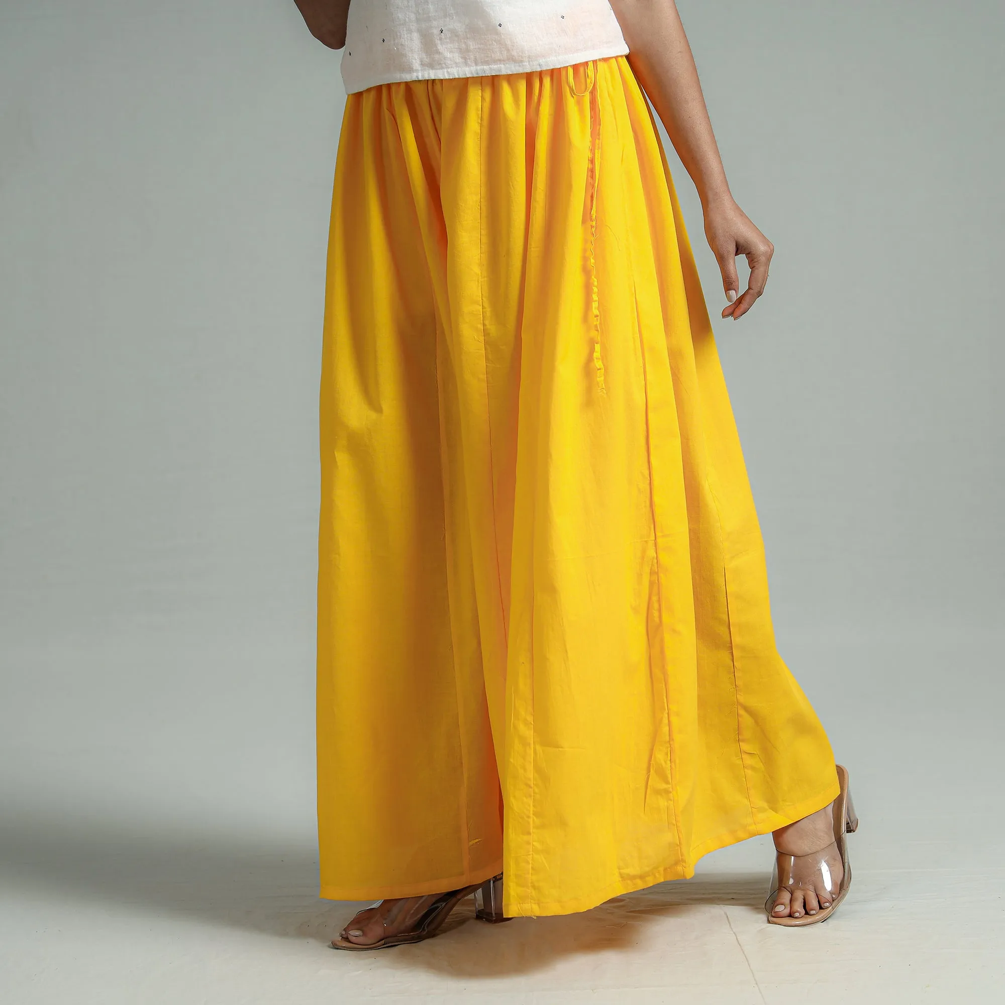 Yellow - Plain Dyed Cotton Flared Palazzo